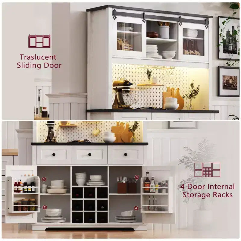 71in Farmhosue Pantry Bar Cabinet with Storage Rack, Rustic Kitchen Coffee Cabinet with Hutch, Sliding Door, Power Outlet, Pegboard, 3 Drawers, White