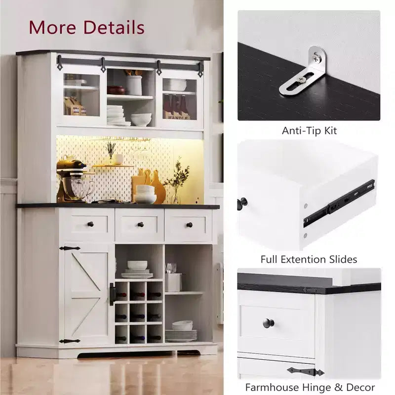 71in Farmhosue Pantry Bar Cabinet with Storage Rack, Rustic Kitchen Coffee Cabinet with Hutch, Sliding Door, Power Outlet, Pegboard, 3 Drawers, White