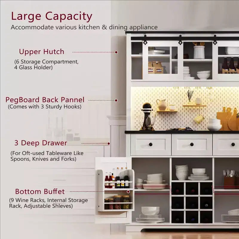 71in Farmhosue Pantry Bar Cabinet with Storage Rack, Rustic Kitchen Coffee Cabinet with Hutch, Sliding Door, Power Outlet, Pegboard, 3 Drawers, White
