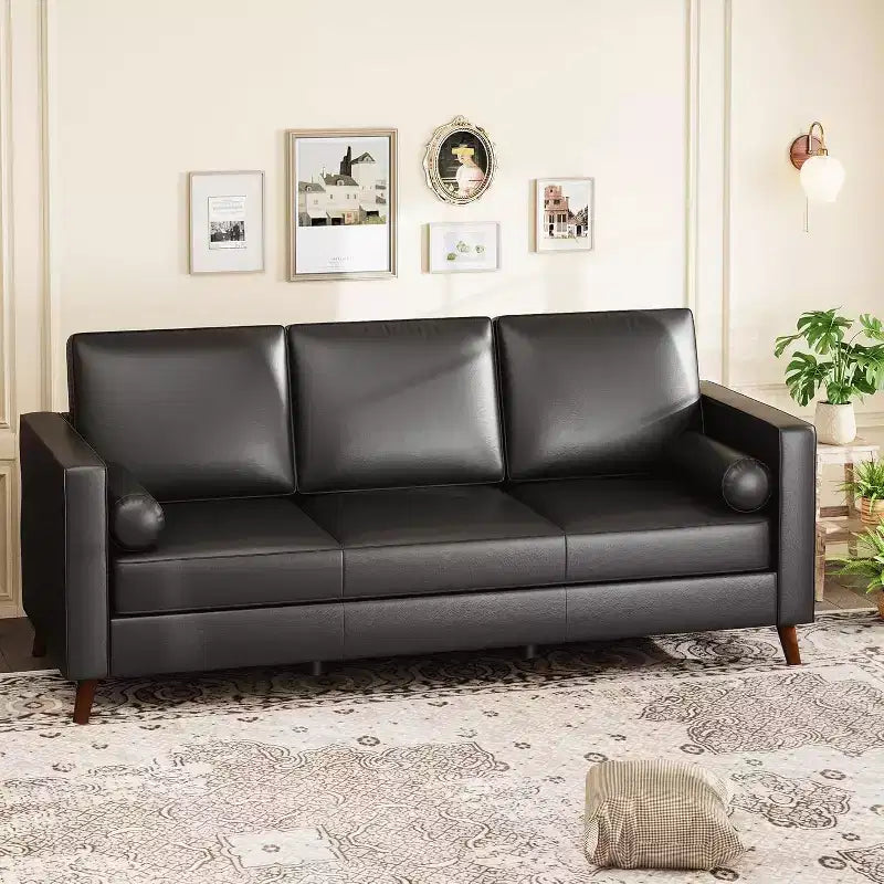 86 Leather Sofa, Mid-Century Modern Couch, Faux Leather Couch with Deep Seats, 3-Seat Sofa for Living Room, Office, Black