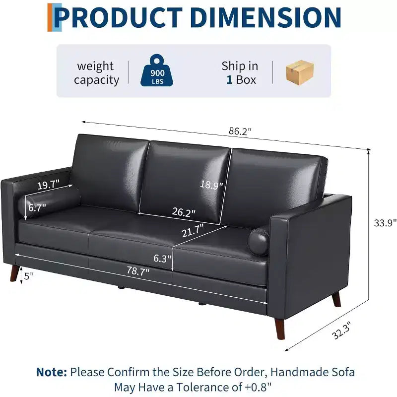 86 Leather Sofa, Mid-Century Modern Couch, Faux Leather Couch with Deep Seats, 3-Seat Sofa for Living Room, Office, Black