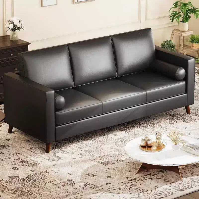 86 Leather Sofa, Mid-Century Modern Couch, Faux Leather Couch with Deep Seats, 3-Seat Sofa for Living Room, Office, Black