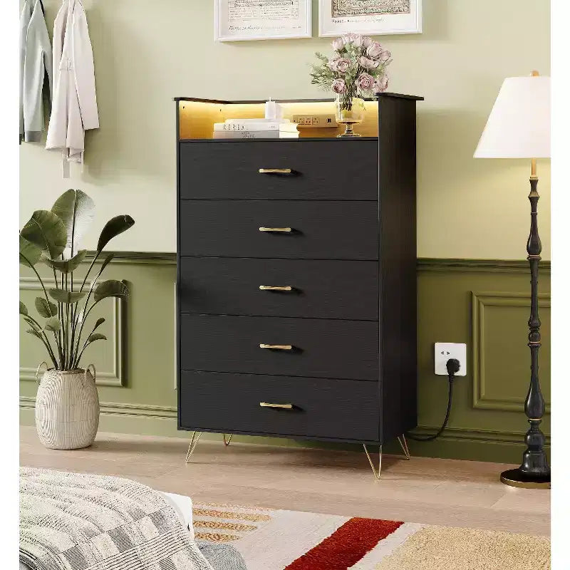 Acekool 5 Drawer Tall Dresser, Modern White Chest with Silent Drawers, Water-Resistant Storage Organizer for Bedroom, Closet, Hallway