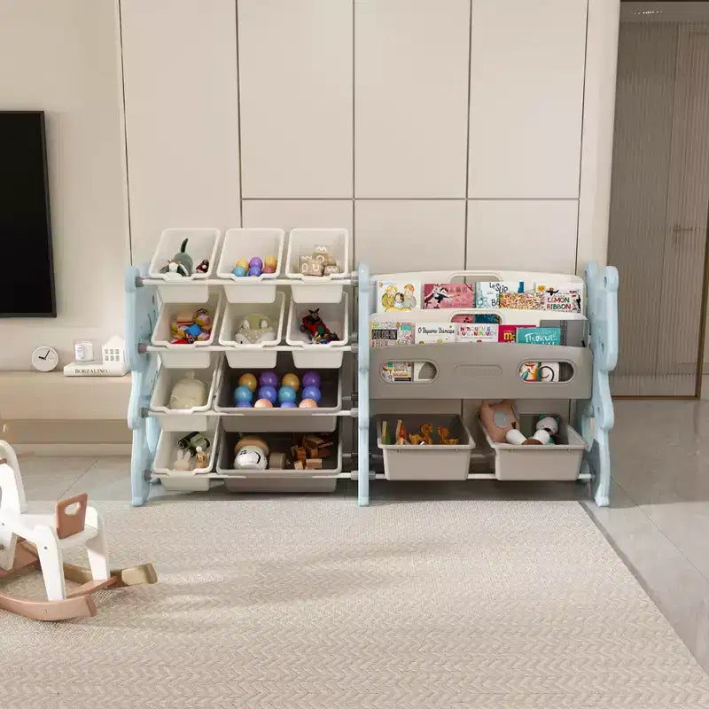 Kids Toy Storage Organizer, Toy Organizer with 2 Tier Bookshelf, Toy Storage with Shelf and 12 Toy Bins, Kids Bookshelf and Toy Storage for Playroom