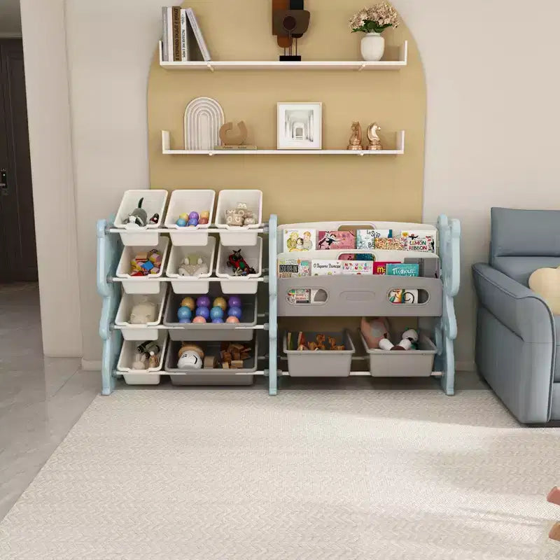 Kids Toy Storage Organizer, Toy Organizer with 2 Tier Bookshelf, Toy Storage with Shelf and 12 Toy Bins, Kids Bookshelf and Toy Storage for Playroom