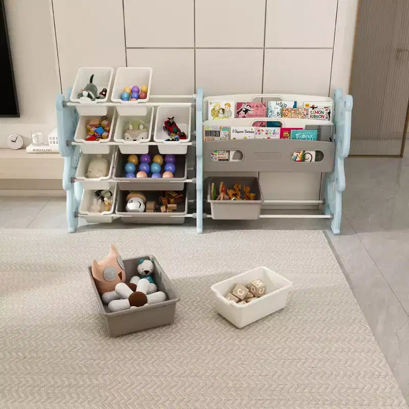 Kids Toy Storage Organizer, Toy Organizer with 2 Tier Bookshelf, Toy Storage with Shelf and 12 Toy Bins, Kids Bookshelf and Toy Storage for Playroom