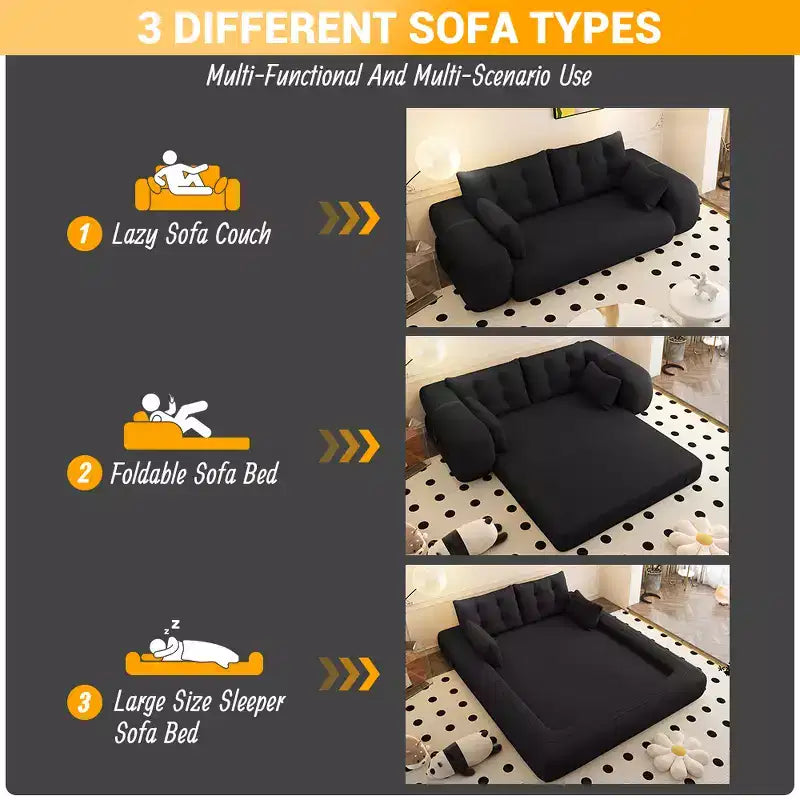 MAYEERTY 78.7 Multifunctional Foldable Sofa Bed, 3-in-1 Teddy Fabric Foam Filled Sleepder Sofa Bed Black