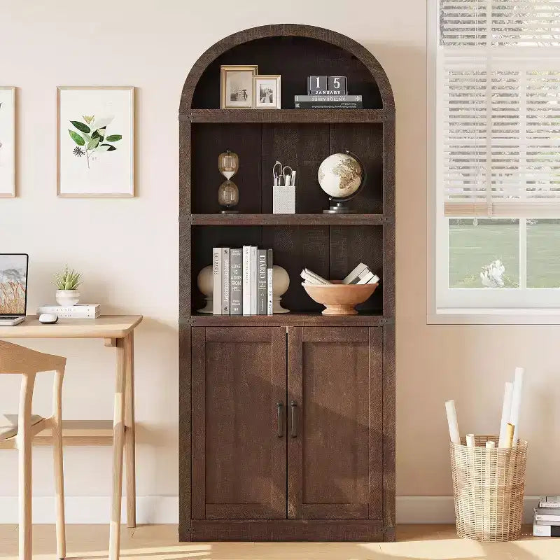 Bibliothèque arquée à 3 étagères, Étagère en bois de style ferme, Étagère de rangement haute de 182 cm pour la maison, le bureau, le salon, la chambre, et plus encore