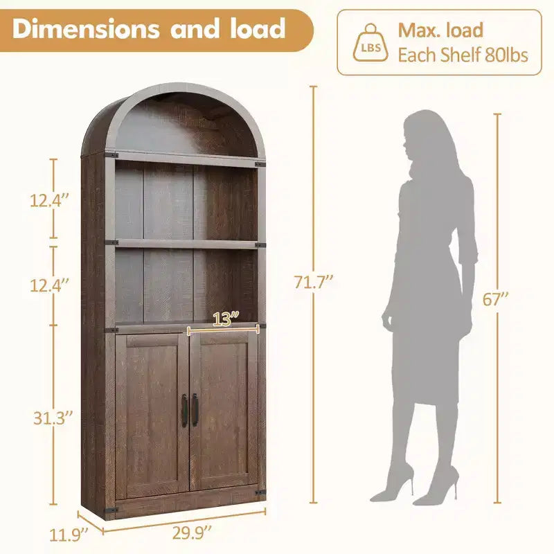 Bibliothèque arquée à 3 étagères, Étagère en bois de style ferme, Étagère de rangement haute de 182 cm pour la maison, le bureau, le salon, la chambre, et plus encore