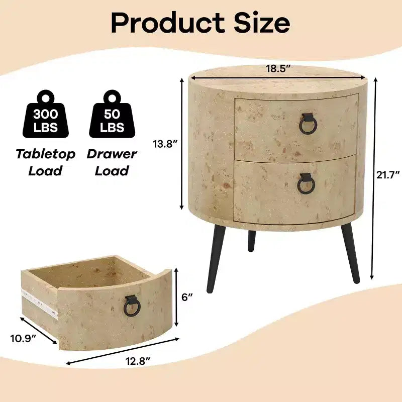Table d'appoint ronde avec 2 tiroirs, table de chevet moderne de 47 cm avec pieds en métal