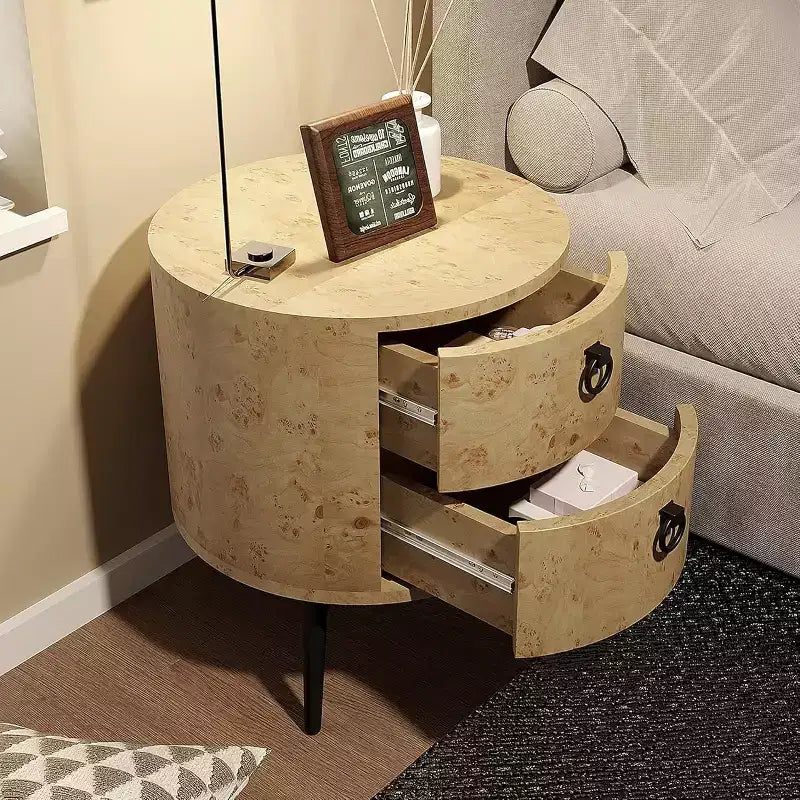 Table d'appoint ronde avec 2 tiroirs, table de chevet moderne de 47 cm avec pieds en métal