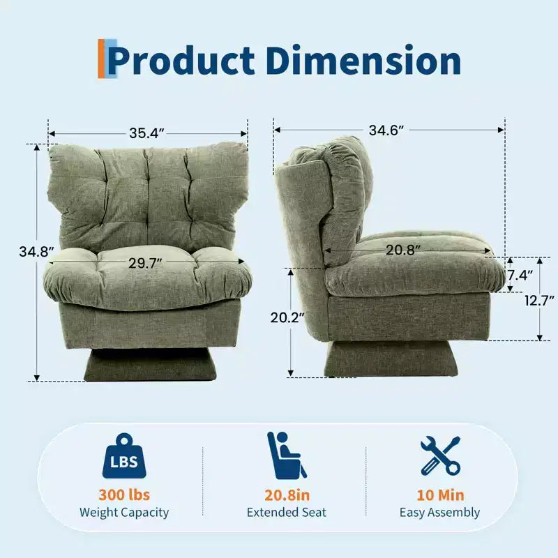 Fauteuil pivotant, canapé moderne et confortable à 360° avec base surdimensionnée, siège étendu de 52,8 cm, capacité de charge maximale de 136 kg pour le salon