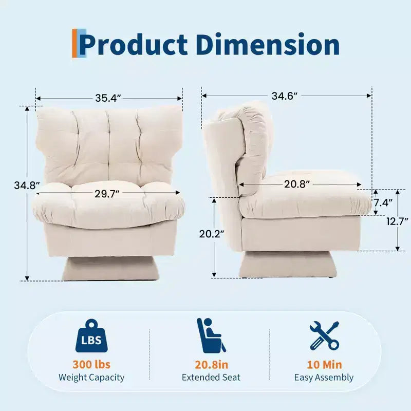 Fauteuil pivotant, canapé moderne et confortable à 360° avec base surdimensionnée, siège étendu de 52,8 cm, capacité de charge maximale de 136 kg pour le salon