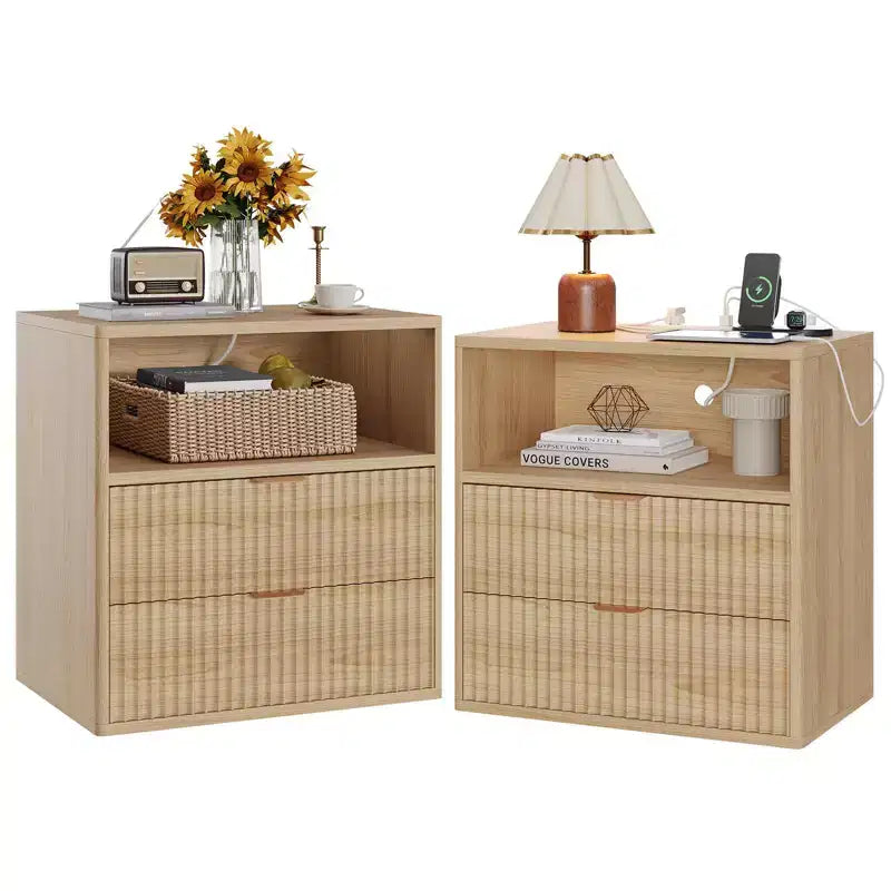 Set of 2 Fluted Farmhouse Nightstands with Charging Station - 23 Mid-Century Modern End Tables with 2 Drawers for Bedroom, Living Room