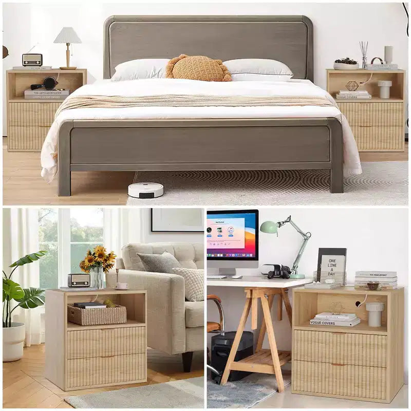 Chevet de Ferme Cannelé avec Station de Chargement - 23 Tables d'Appoint Modernes Mid-Century avec 2 Tiroirs pour Chambre, Salon