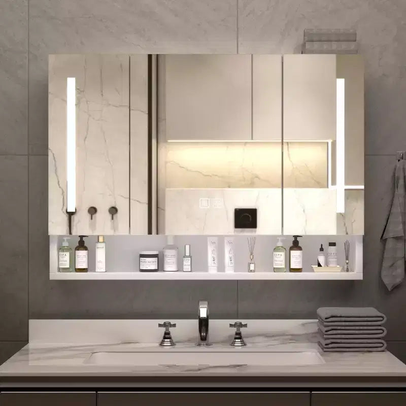 Armoire de toilette en aluminium de 39x28 pouces avec miroir, éclairage LED et compartiments de rangement