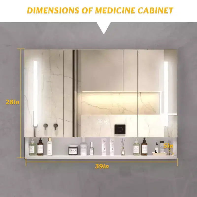 Armoire de toilette en aluminium de 39x28 pouces avec miroir, éclairage LED et compartiments de rangement