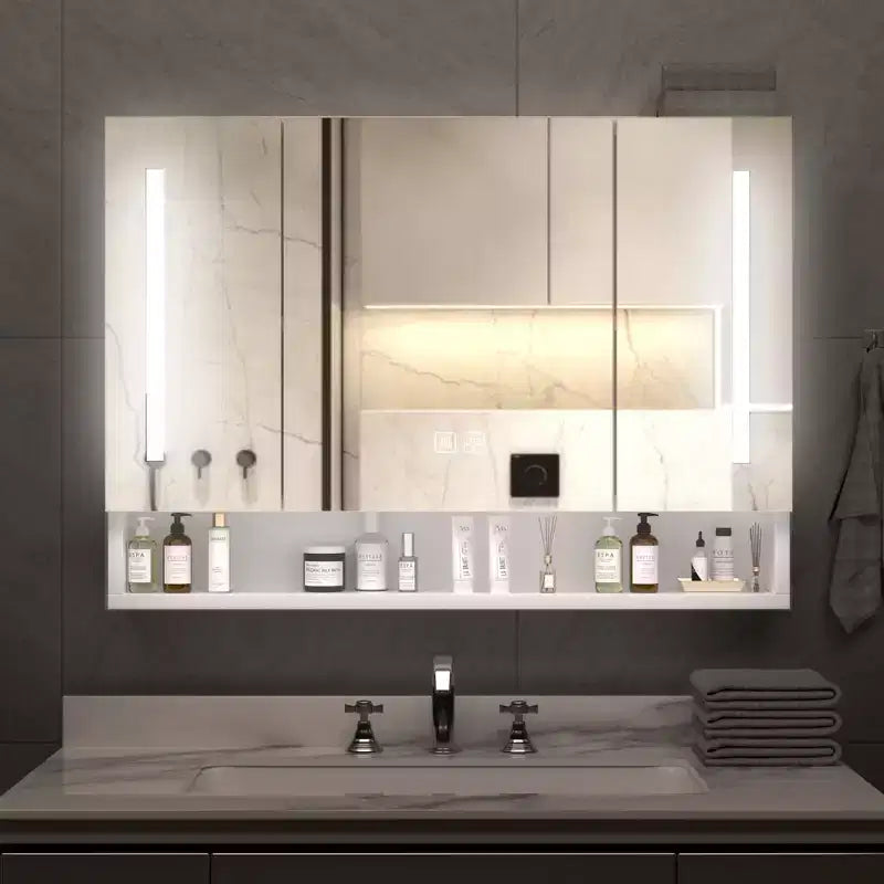 Armoire de toilette en aluminium de 39x28 pouces avec miroir, éclairage LED et compartiments de rangement