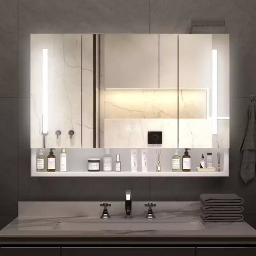 Armoire de toilette en aluminium de 39x28 pouces avec miroir, éclairage LED et compartiments de rangement