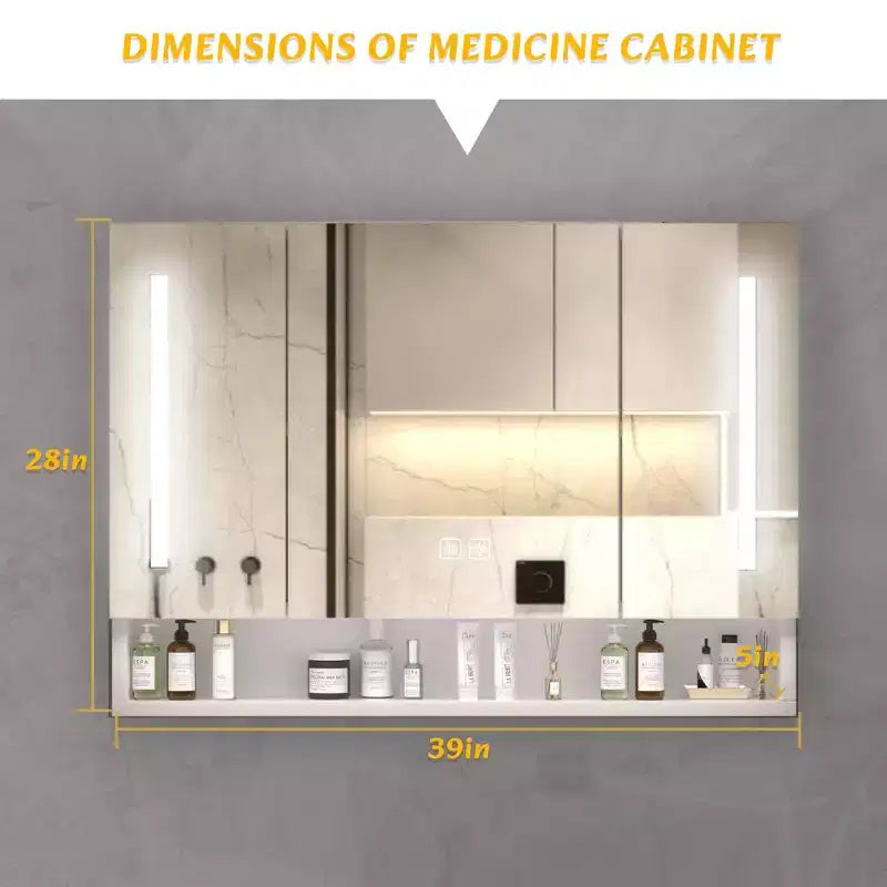 Armoire de toilette en aluminium de 39x28 pouces avec miroir, éclairage LED et compartiments de rangement