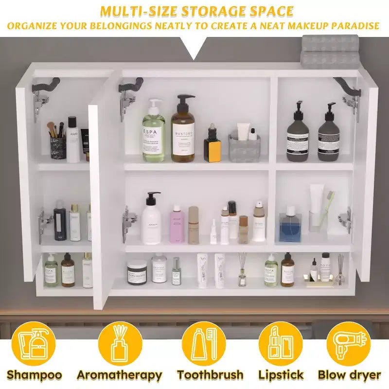Armoire de toilette en aluminium de 39x28 pouces avec miroir, éclairage LED et compartiments de rangement