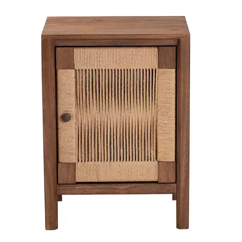 GDFStudio Satoshi Bohemian Wooden Nightstand with Shelf and Rope Webbing Door