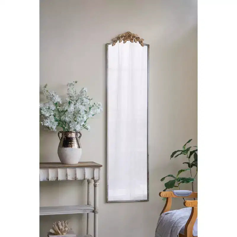 18.1 x 70.9 Inch Rectangular Full Length Wall Mirror with Distressed Ivory Frame and Gold Floral Crown