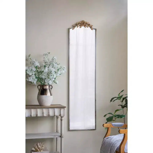 18.1 x 70.9 Inch Rectangular Full Length Wall Mirror with Distressed Ivory Frame and Gold Floral Crown