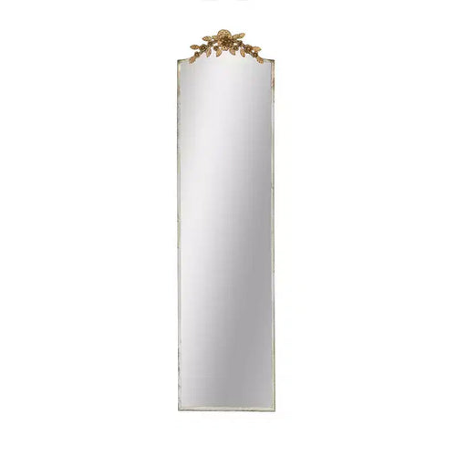 Miroir mural rectangulaire pleine longueur de 46 x 180 cm avec cadre ivoire vieilli et couronne florale dorée
