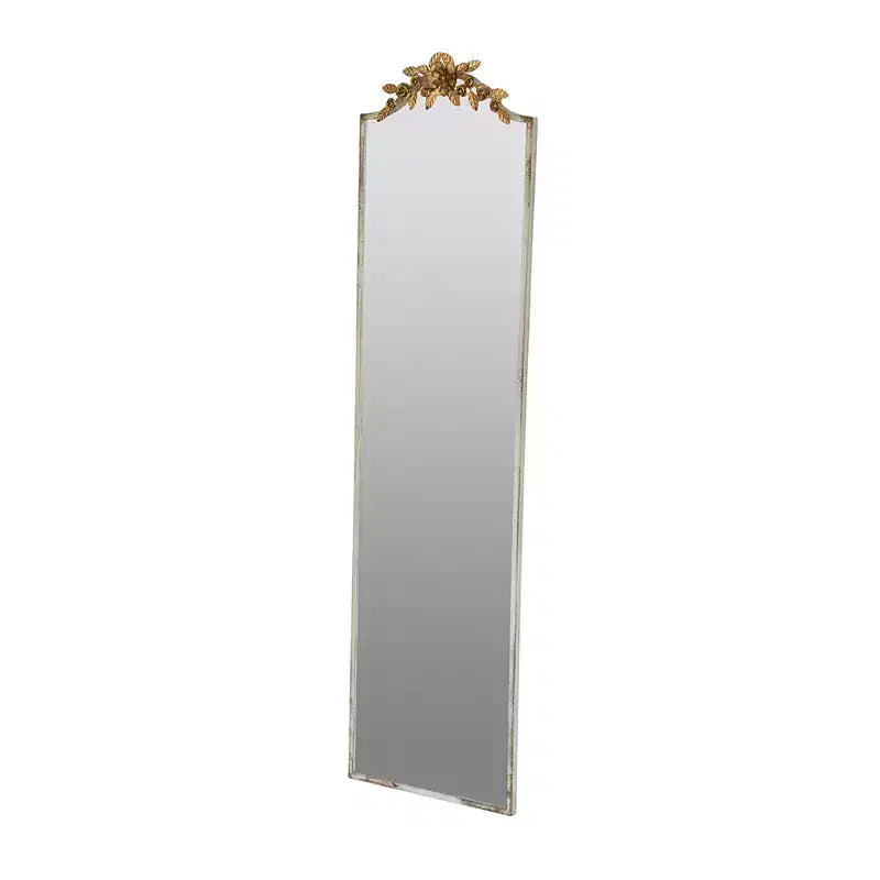 Miroir mural rectangulaire pleine longueur de 46 x 180 cm avec cadre ivoire vieilli et couronne florale dorée