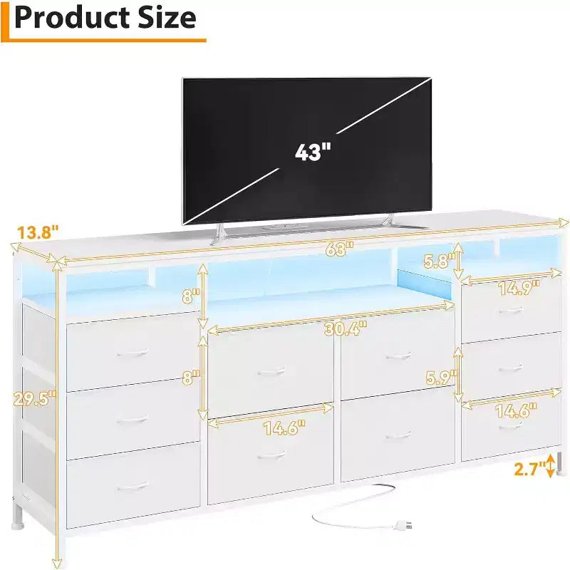 Commode à 10 tiroirs pour chambre à coucher, meuble TV de 63,3 po pour téléviseurs de 65-75 po, commode en tissu, centre de divertissement pour chambre à coucher et salon