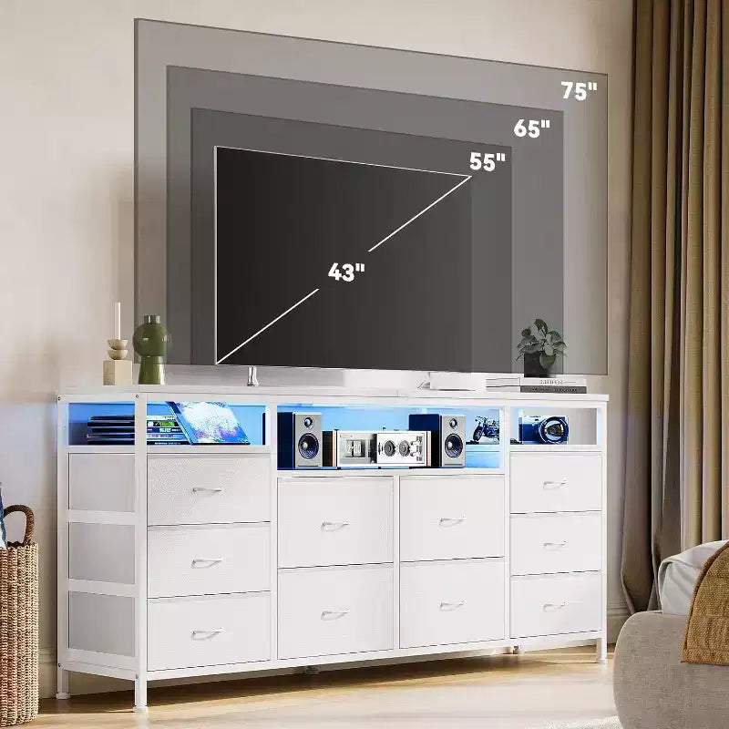 Commode à 10 tiroirs pour chambre à coucher, meuble TV de 63,3 po pour téléviseurs de 65-75 po, commode en tissu, centre de divertissement pour chambre à coucher et salon