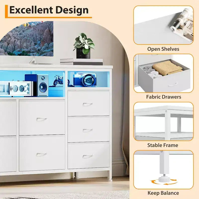 Commode à 10 tiroirs pour chambre à coucher, meuble TV de 63,3 po pour téléviseurs de 65-75 po, commode en tissu, centre de divertissement pour chambre à coucher et salon