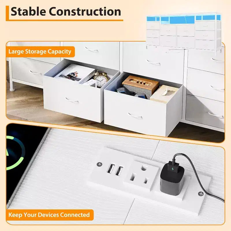 Commode à 10 tiroirs pour chambre à coucher, meuble TV de 63,3 po pour téléviseurs de 65-75 po, commode en tissu, centre de divertissement pour chambre à coucher et salon