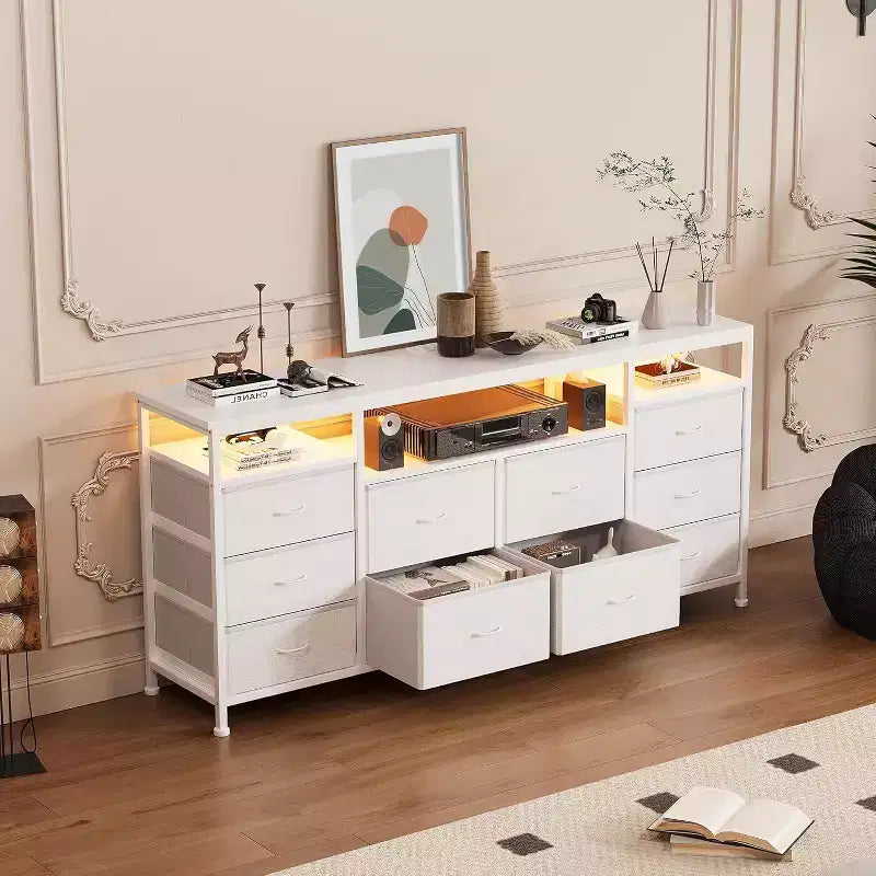 Commode à 10 tiroirs pour chambre à coucher, meuble TV de 63,3 po pour téléviseurs de 65-75 po, commode en tissu, centre de divertissement pour chambre à coucher et salon