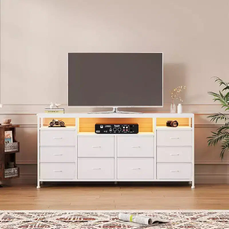 Commode à 10 tiroirs pour chambre à coucher, meuble TV de 63,3 po pour téléviseurs de 65-75 po, commode en tissu, centre de divertissement pour chambre à coucher et salon