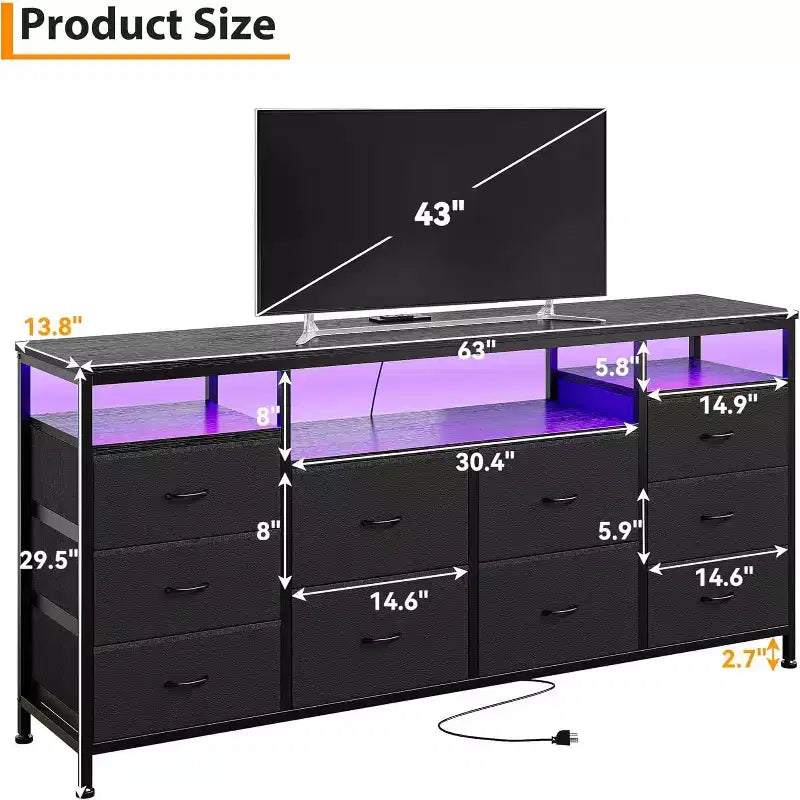 Commode à 10 tiroirs pour chambre à coucher, meuble TV de 63,3 po pour téléviseurs de 65-75 po, commode en tissu, centre de divertissement pour chambre à coucher et salon