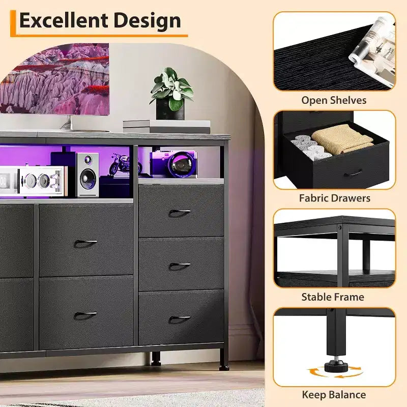 Commode à 10 tiroirs pour chambre à coucher, meuble TV de 63,3 po pour téléviseurs de 65-75 po, commode en tissu, centre de divertissement pour chambre à coucher et salon