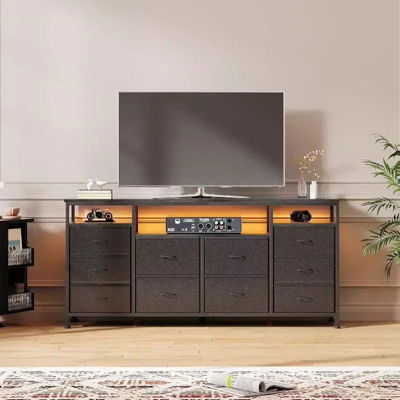 Commode à 10 tiroirs pour chambre à coucher, meuble TV de 63,3 po pour téléviseurs de 65-75 po, commode en tissu, centre de divertissement pour chambre à coucher et salon