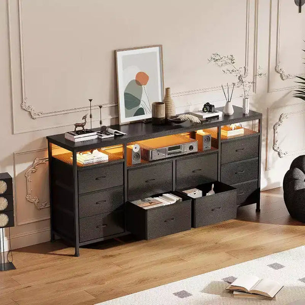 Commode à 10 tiroirs pour chambre à coucher, meuble TV de 63,3 po pour téléviseurs de 65-75 po, commode en tissu, centre de divertissement pour chambre à coucher et salon