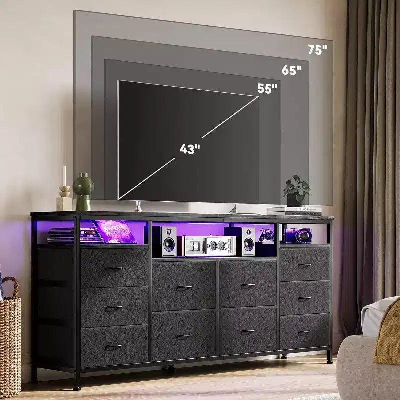 Commode à 10 tiroirs pour chambre à coucher, meuble TV de 63,3 po pour téléviseurs de 65-75 po, commode en tissu, centre de divertissement pour chambre à coucher et salon