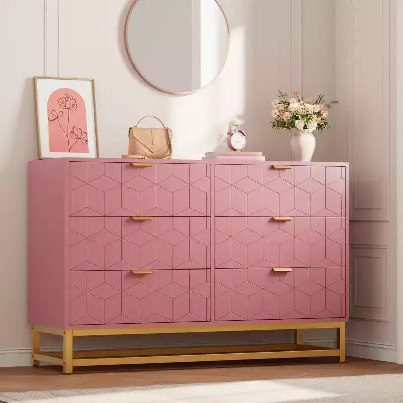 6 Drawer Double Dresser with Gold Handles, Pink Dresser for Bedroom, Long Storage Organizer for TV Stand & Closet for Living Room, Hallway, Entryway