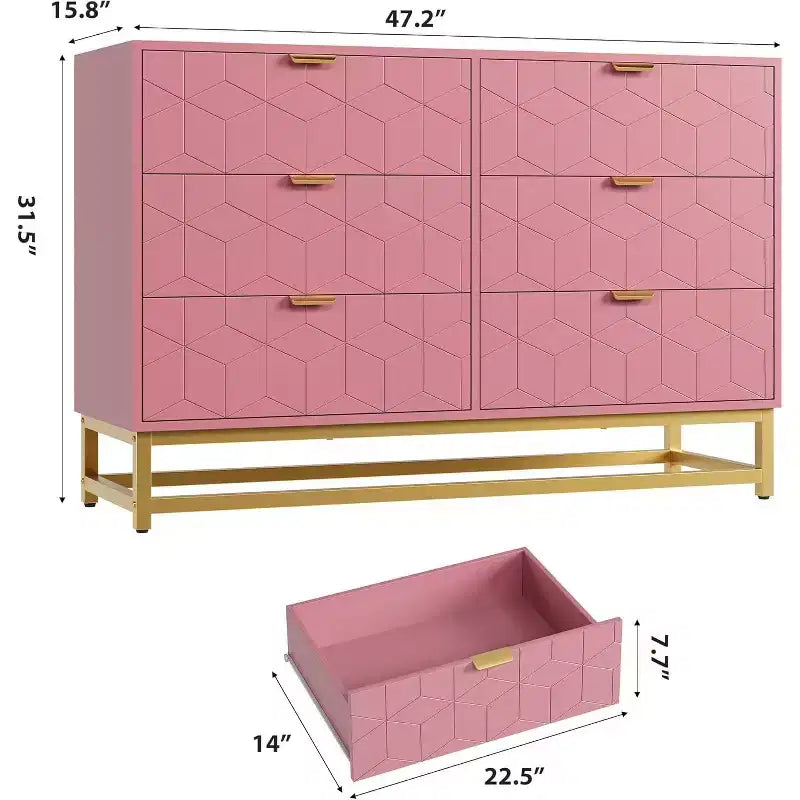 Commode double à 6 tiroirs avec poignées dorées, commode rose pour chambre à coucher, long meuble de rangement pour support TV et placard pour salon, couloir, entrée