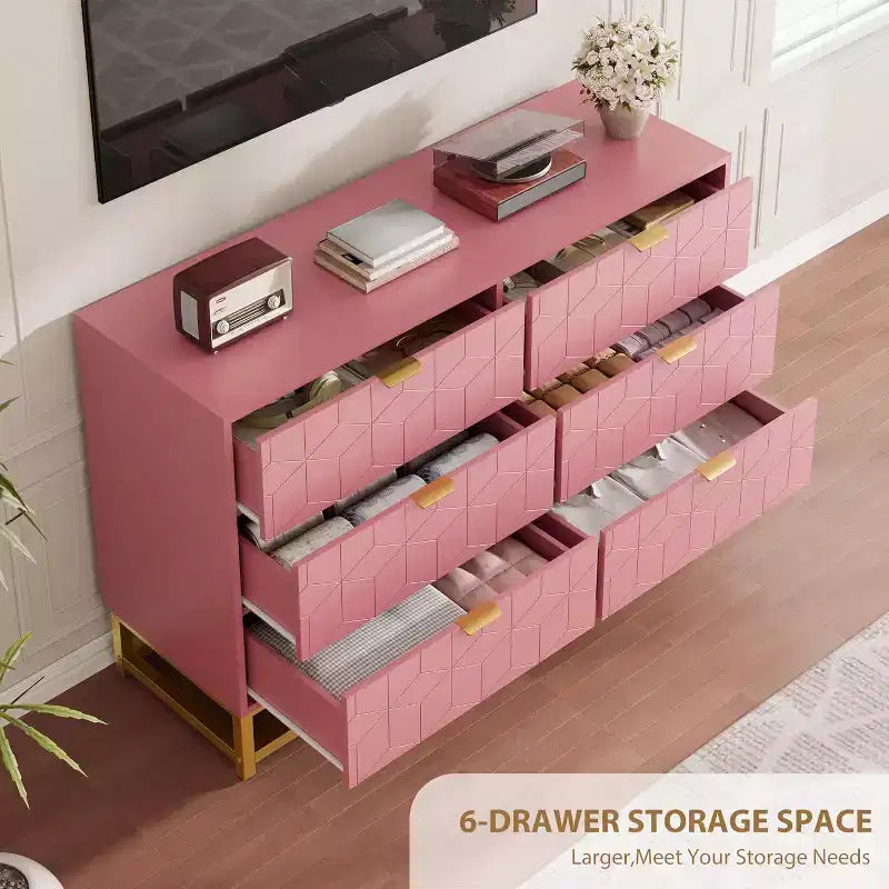 Commode double à 6 tiroirs avec poignées dorées, commode rose pour chambre à coucher, long meuble de rangement pour support TV et placard pour salon, couloir, entrée