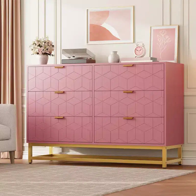 Commode double à 6 tiroirs avec poignées dorées, commode rose pour chambre à coucher, long meuble de rangement pour support TV et placard pour salon, couloir, entrée