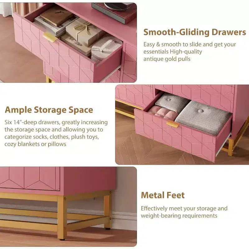 Commode double à 6 tiroirs avec poignées dorées, commode rose pour chambre à coucher, long meuble de rangement pour support TV et placard pour salon, couloir, entrée