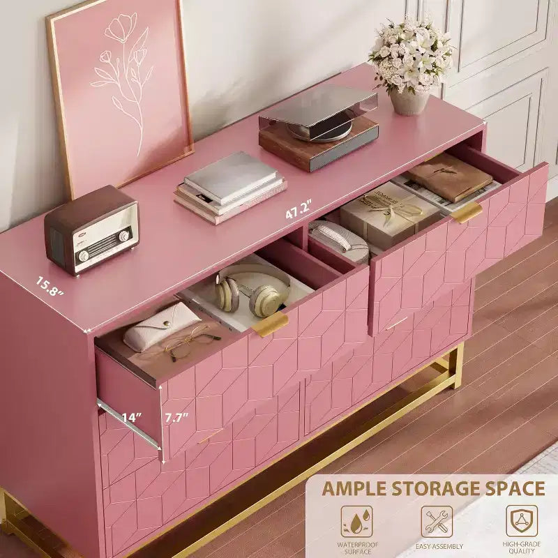 Commode double à 6 tiroirs avec poignées dorées, commode rose pour chambre à coucher, long meuble de rangement pour support TV et placard pour salon, couloir, entrée