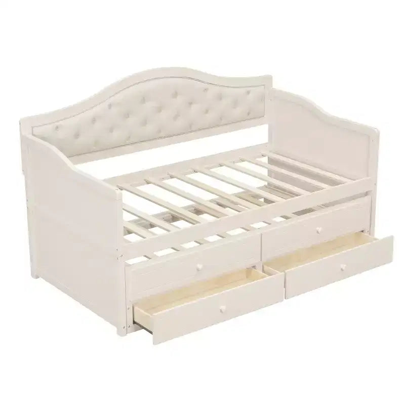 Cadre de Lit de Repos Simple, Canapé-lit en Bois avec Lit Gigogne, Dossier capitonné, 2 Tiroirs de Rangement