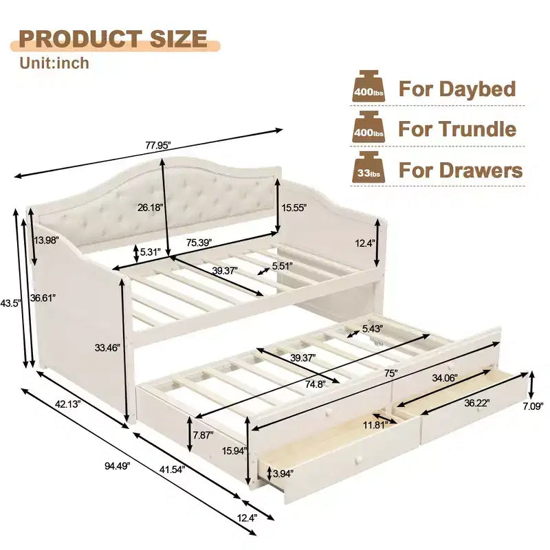 Cadre de Lit de Repos Simple, Canapé-lit en Bois avec Lit Gigogne, Dossier capitonné, 2 Tiroirs de Rangement