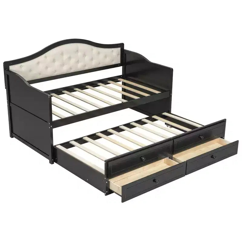Cadre de Lit de Repos Simple, Canapé-lit en Bois avec Lit Gigogne, Dossier capitonné, 2 Tiroirs de Rangement